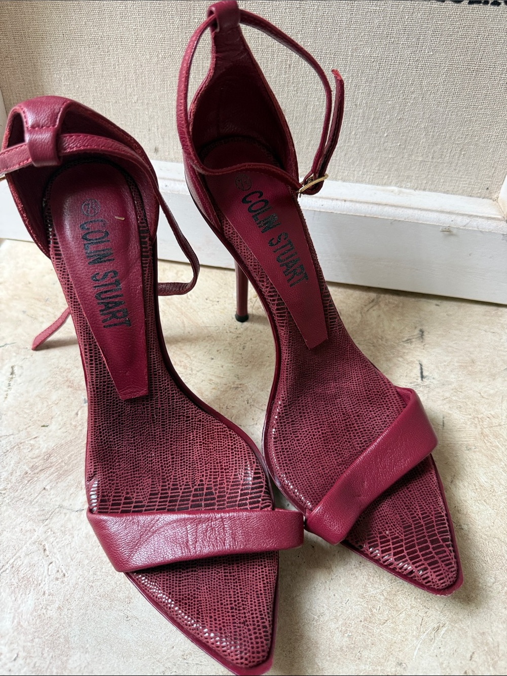Colin Stuart Burgundy Pointed Toe Ankle Strap Heels